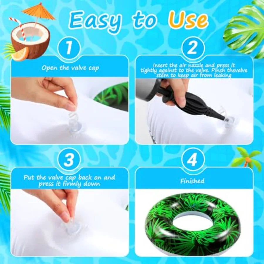12 Pcs Large Inflatable Pool Float Tubes for Adults 32 Inches Tropical Leaves and Animal Patterns Swimming Rings Tube Floaties