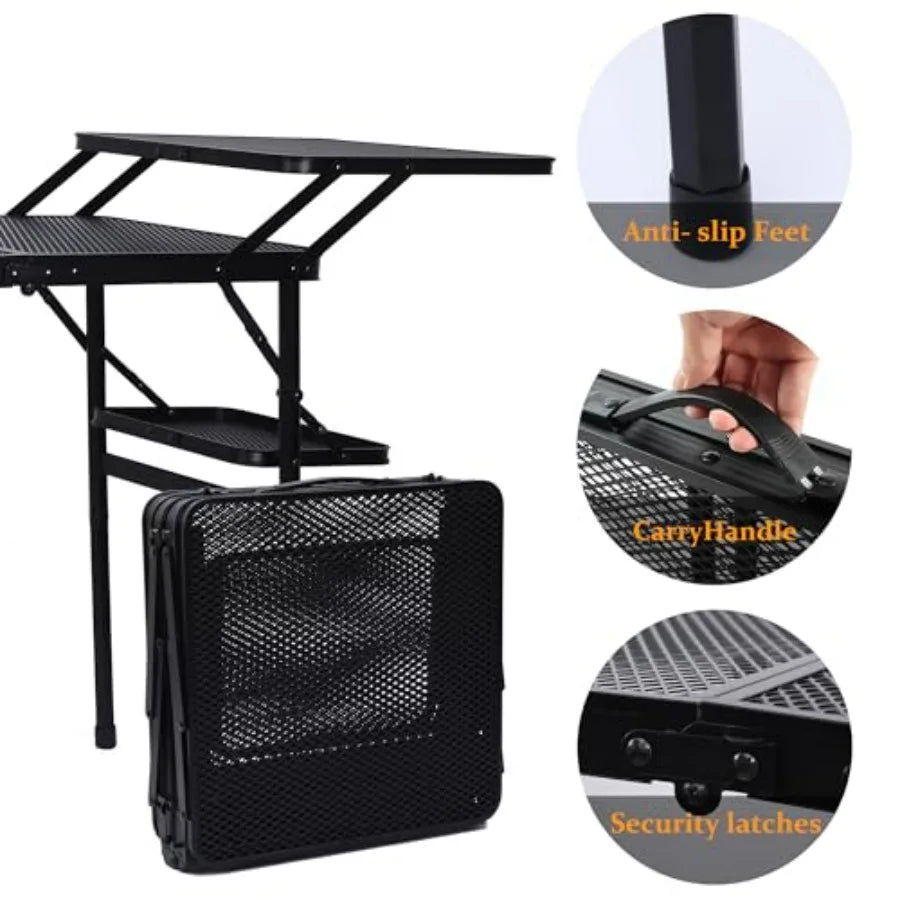 Camping Table, Compact Folding Tailgate Grill Table, Outdoor Metal Tables, Fold Up Lightweight with 4 Side Tables and Mesh Net