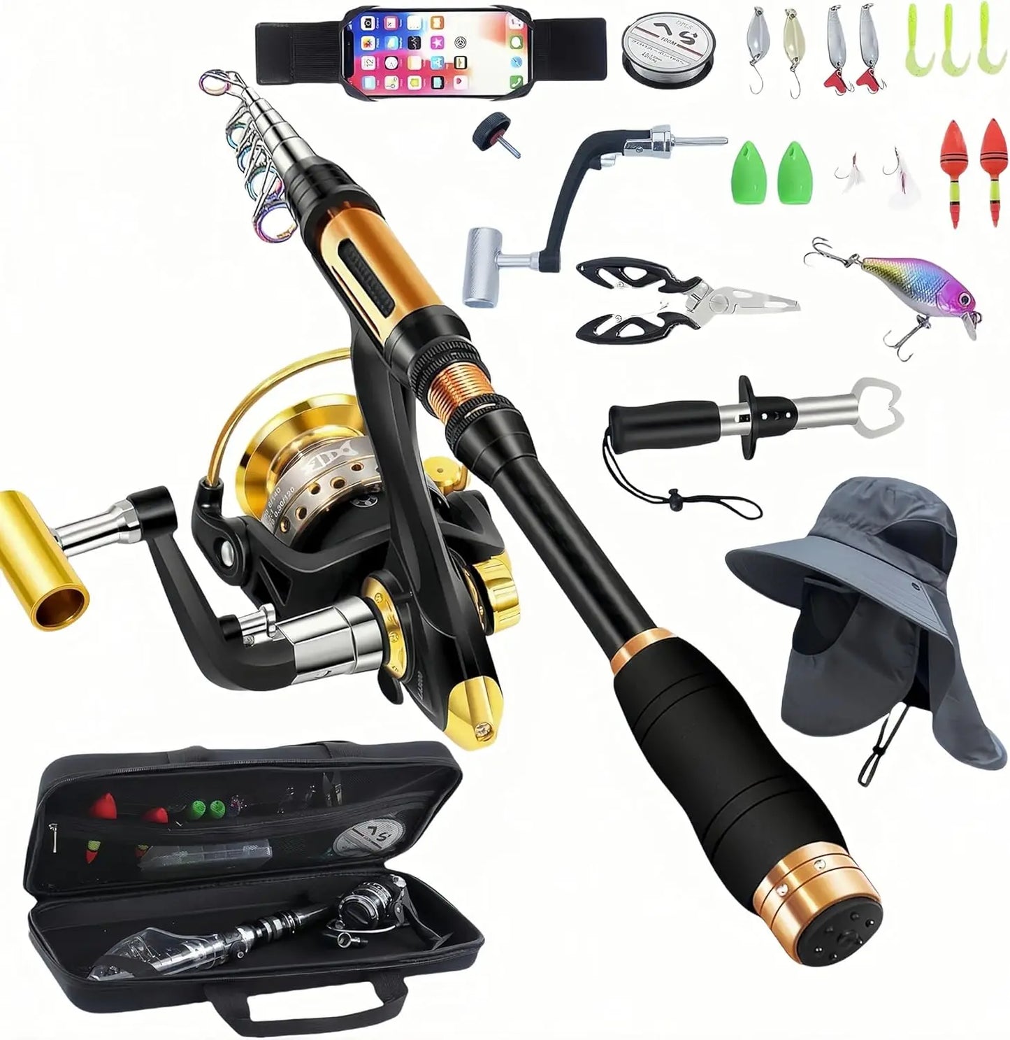 Portable Fishing Spinning Rod and Combo Set Carbon Fiber Fluorescent Rod Tip, with Fishing Lures Line