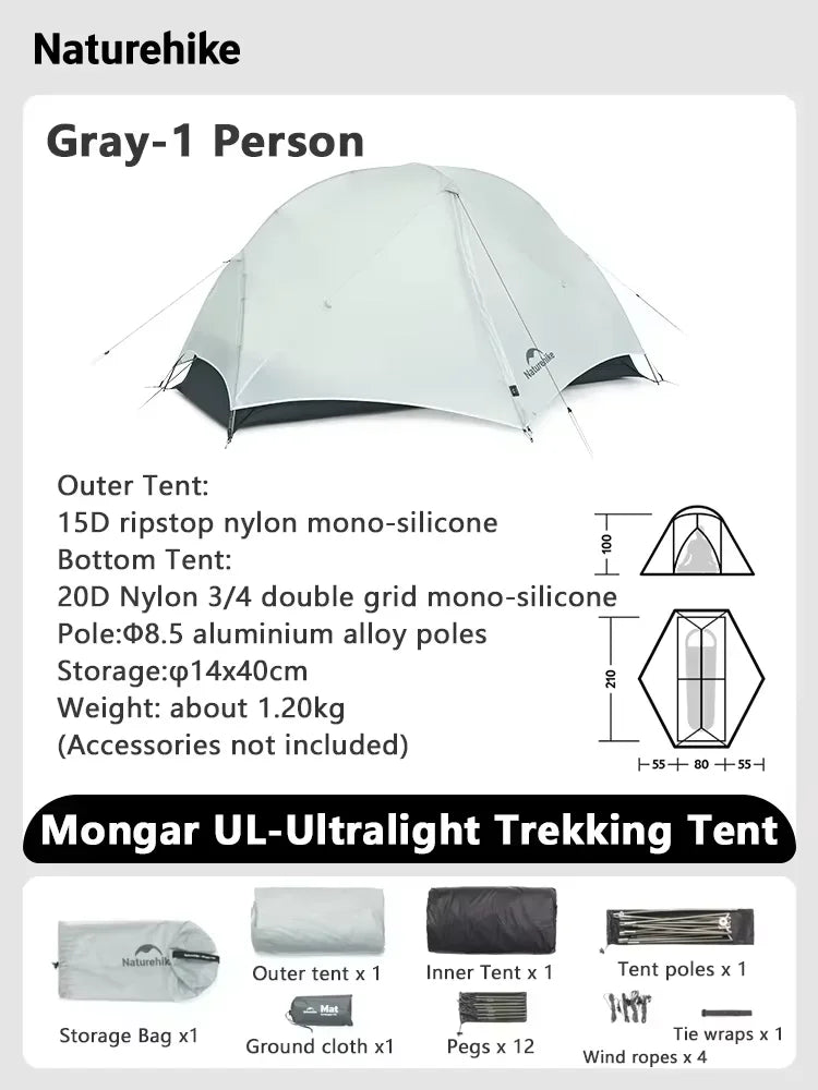 Naturehike Mongar UL Ultralight Backpacking Tent 15D Nylon Waterproof Hiking Tent 1/2 Person Riding Travel Trekking Shelter Tent