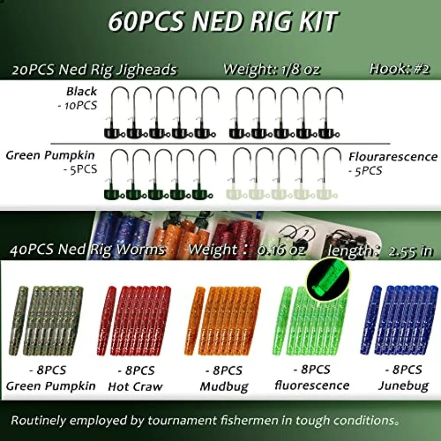 Ned Rig Jig Heads TRD Stick Worms Kit, 60, 35 Pack Ned Rig Lures Mushroom Jigs Finesse Soft Plastic Baits for Bass Fishing Fres