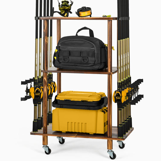 Fishing 10 Rods Rack 3 Tier Fishing Storage Rack, Space-Saving Fishing Rod Holders for Garage, Fishing Gear Tackle Box Fishing E