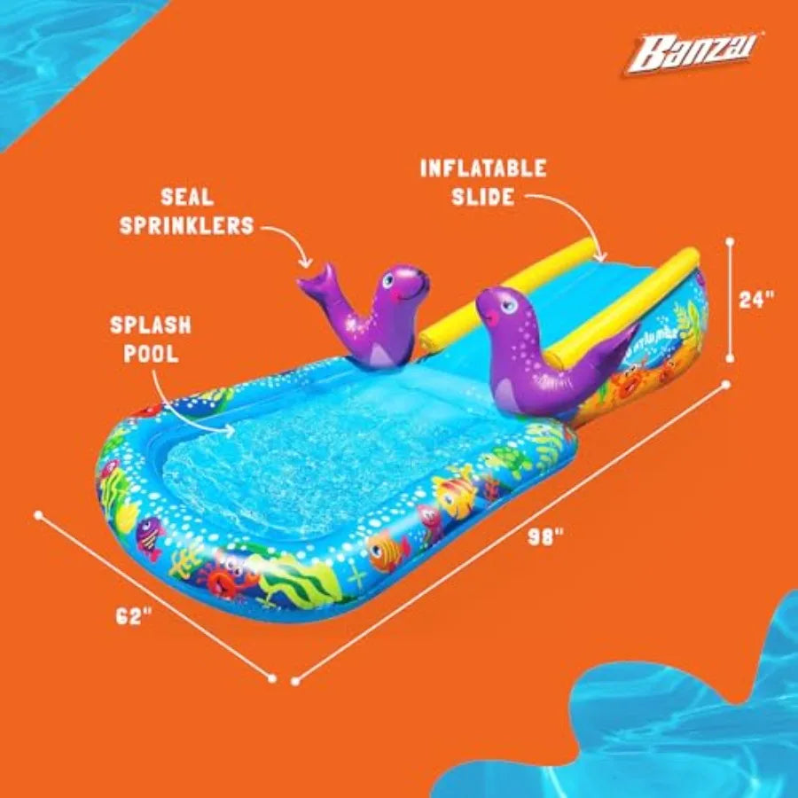 My First Water Slide for Outdoor Pool Inflatable Water Park with Blue and Yellow Design Durable PVC Material Easy to Set Up and