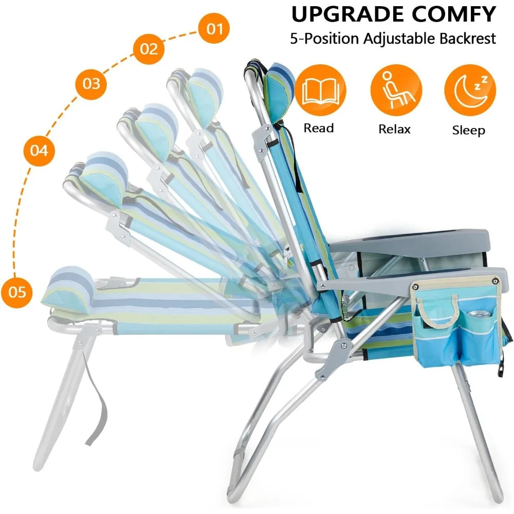 Tall Beach Chair 2 Pack, with 5-Position, Cooler Bag, Cup Holders,Towel Bar, Lightweight Folding Beach Camping Chairs for Adults