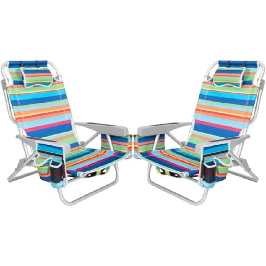 2Pk Aluminum Extra Wide 5-Position Lay Flat Folding Backpack Beach Chairs for Adults, with Cooler Bag, CupPhone Holder, Towel B