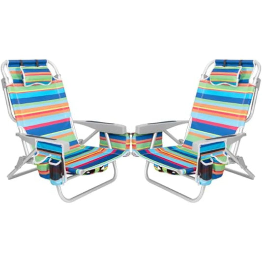 2Pk Aluminum Extra Wide 5-Position Lay Flat Folding Backpack Beach Chairs for Adults, with Cooler Bag, CupPhone Holder, Towel B