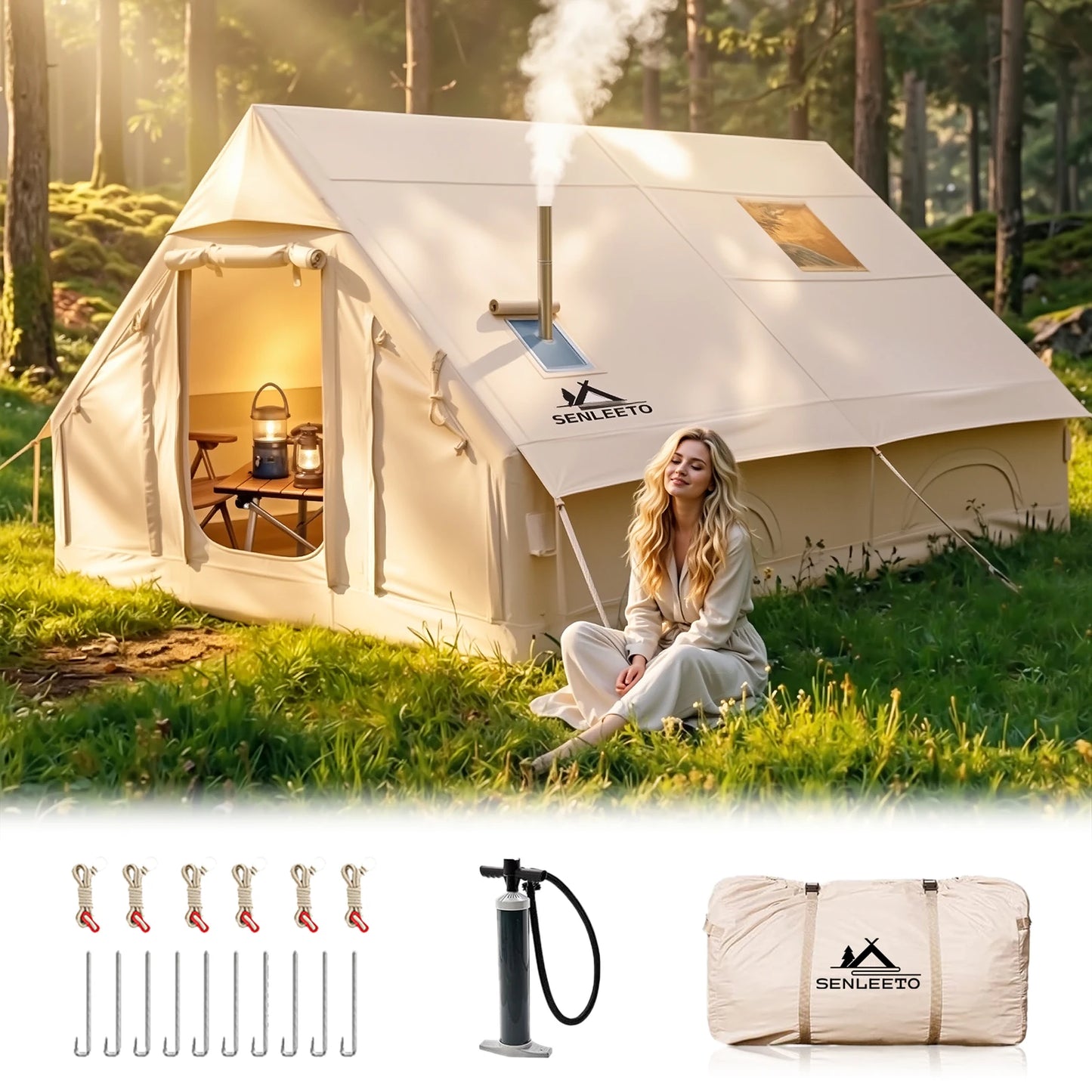 SENLEETO Inflatable Camping Tents 6-8 Person for Family,420D High-density Oxford Fabric Family Inflatable Tent House with Stove Jack&AC Vent,Easy Setup Blow up Tent with High Pressure Pump
