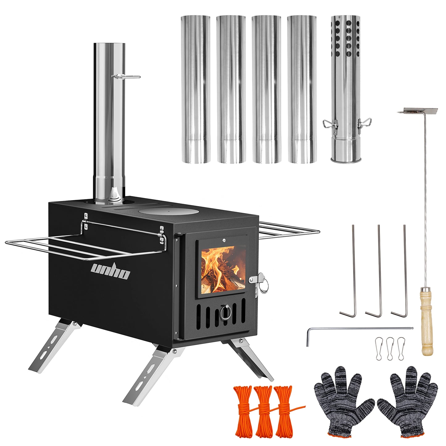 Hot Tent Stove,UNHO Wood Burning Stove,Small Wood Stove with 6 Stainless Chimney Pipes for Outdoor Heating & Cooking, Ice Fishing, Hunting ， Outdoor Camp Firewood Stove Portable Stove for Multifunctional Firewood Burner wit