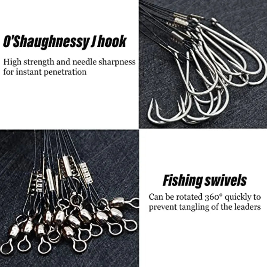 Saltwater fishing hook rigs for surf fishing, steel leaders with long shank O'Shaughnessy forged hooks, black leader wire
