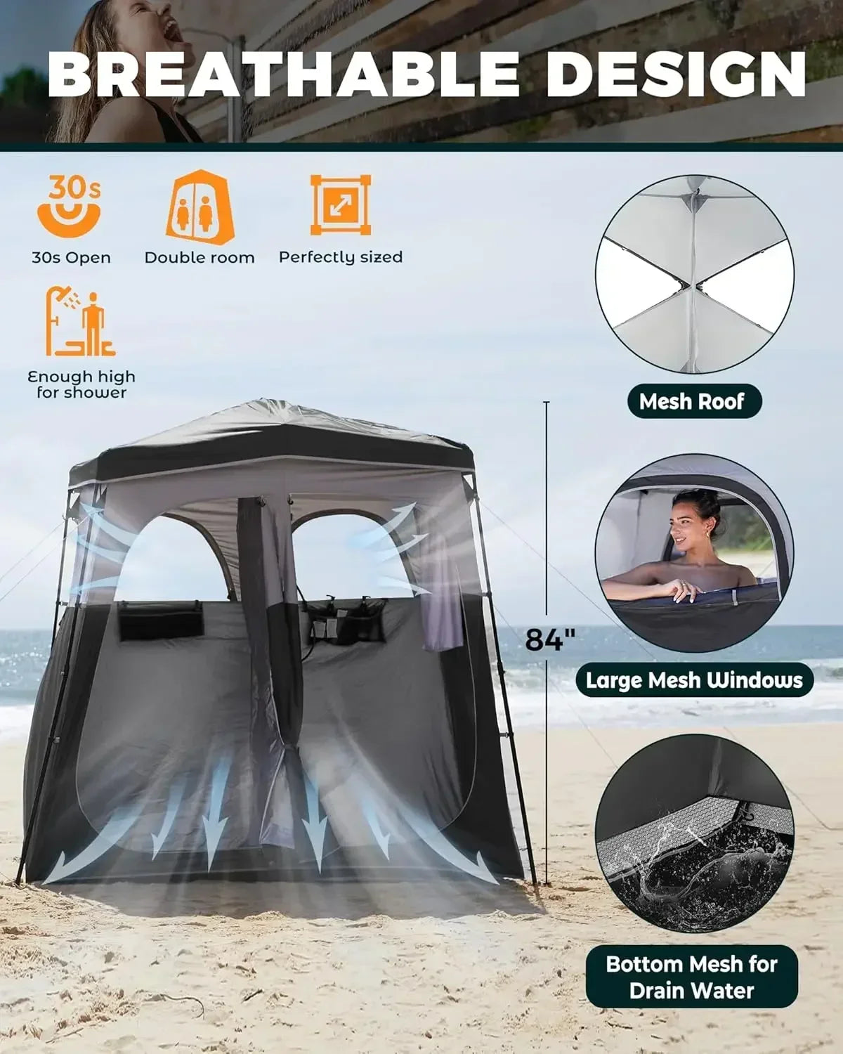 Instant Shower Tent, Portable Superior Stable Privacy Shelter, 2 Large Rooms Outdoor Toilet Tent with Floor for Beach, Camping &