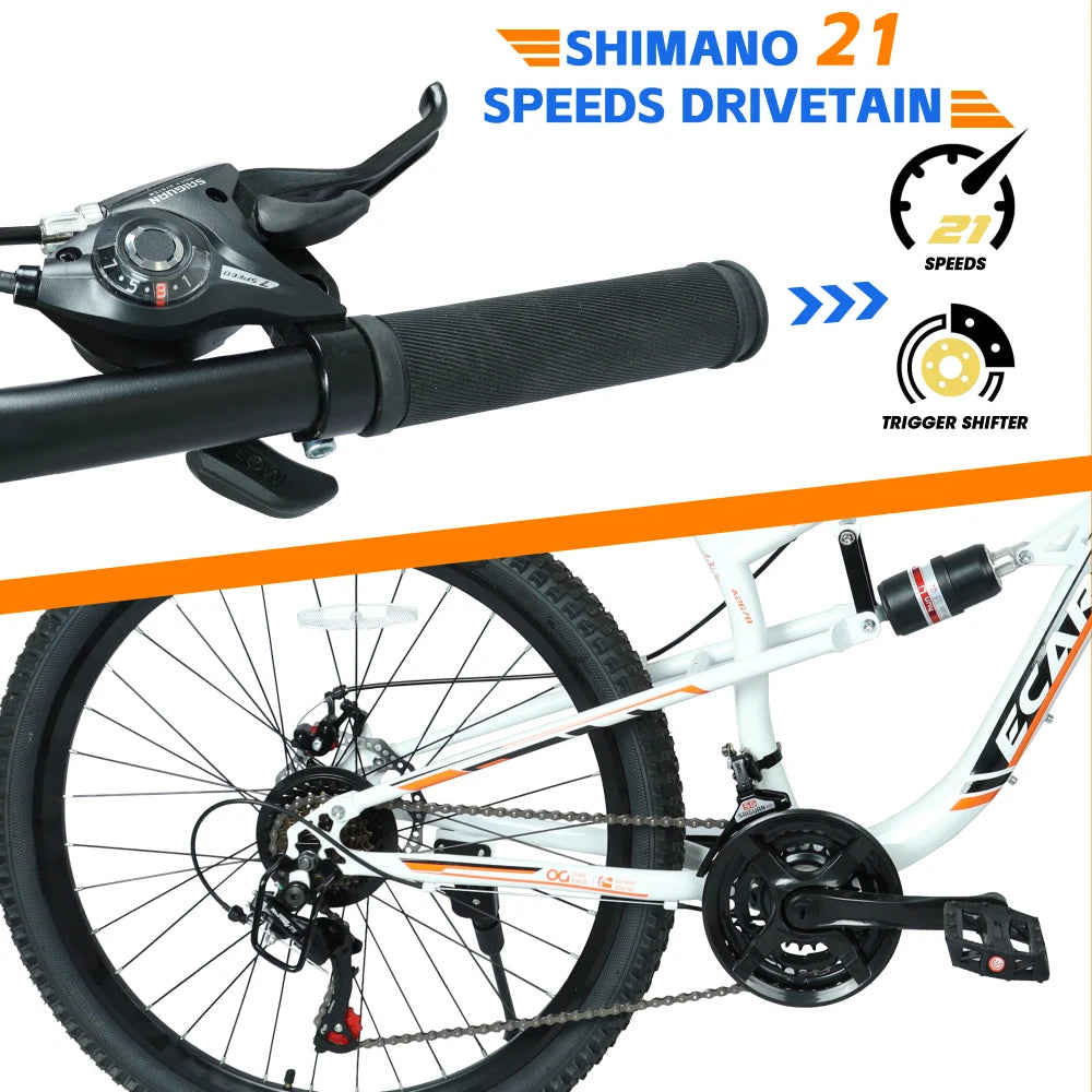 26 Inch Mountain Bike with 21-Speeds & Full Suspension Steel Frame, Alloy Rims, Disc Brakes For All Terrains, Men & Women, Multiple Colors