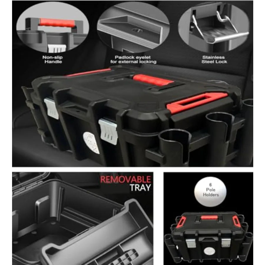 Kayak Fishing Crate - 6 Integrated Rod Pole Holders, Tackle Box Accessory Storage Area and Tray with Lockable Lid - No Assembly