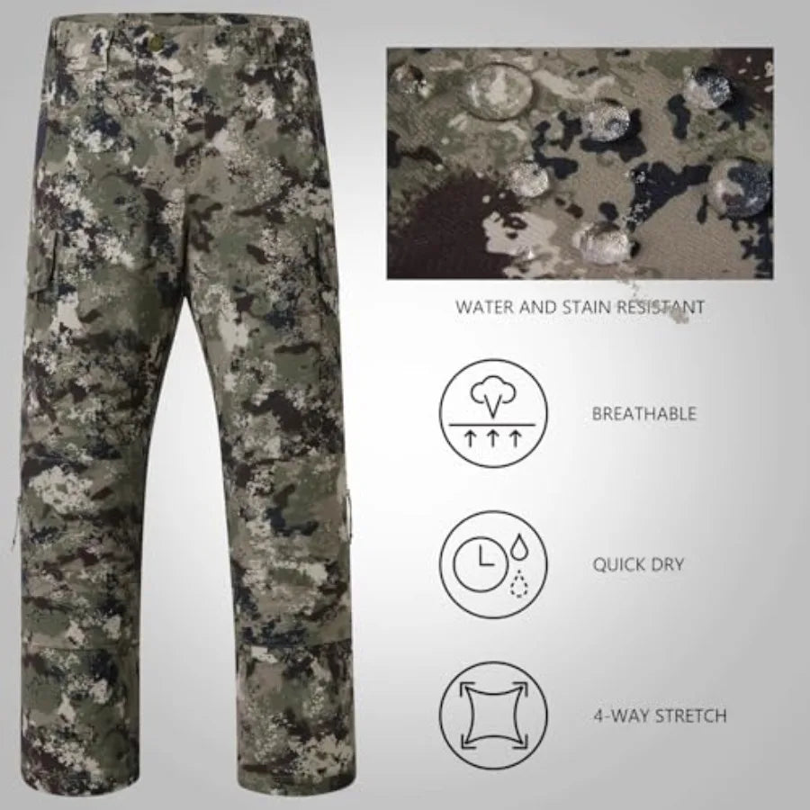 Hunting pants for men, stretch nylon blend, camo pattern, water-resistant finish