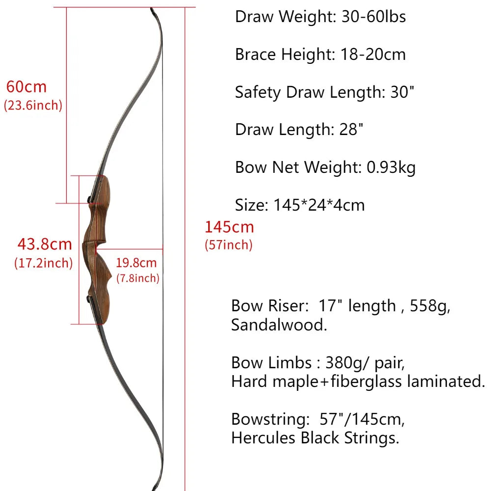 Recurve Split Bow Set 60 Inch ILF Takedown 50/60lbs Right Hand Detachable Wood Riser for Adults Archery Outdoor Hunting Shooting Target Practice Sports Accessories