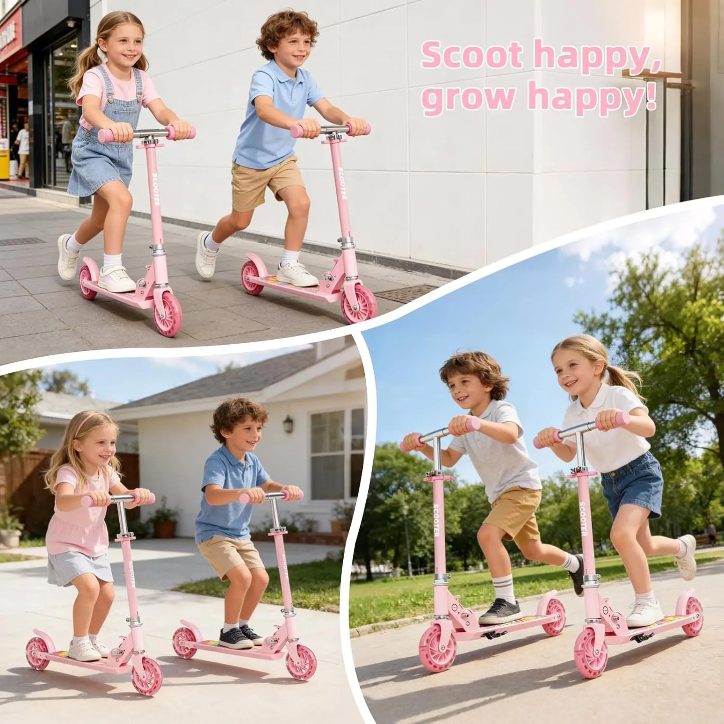 Lightweight Foldable Kick Scooter for Boys Girls Ages 3-8, Two Wheel Scooter Equipped with 3-Level Adjustable Handlebar, Rear Brake & Light-Up ABEC-10 Wheels, Suitable for Kids and Teens Outdoor Sports