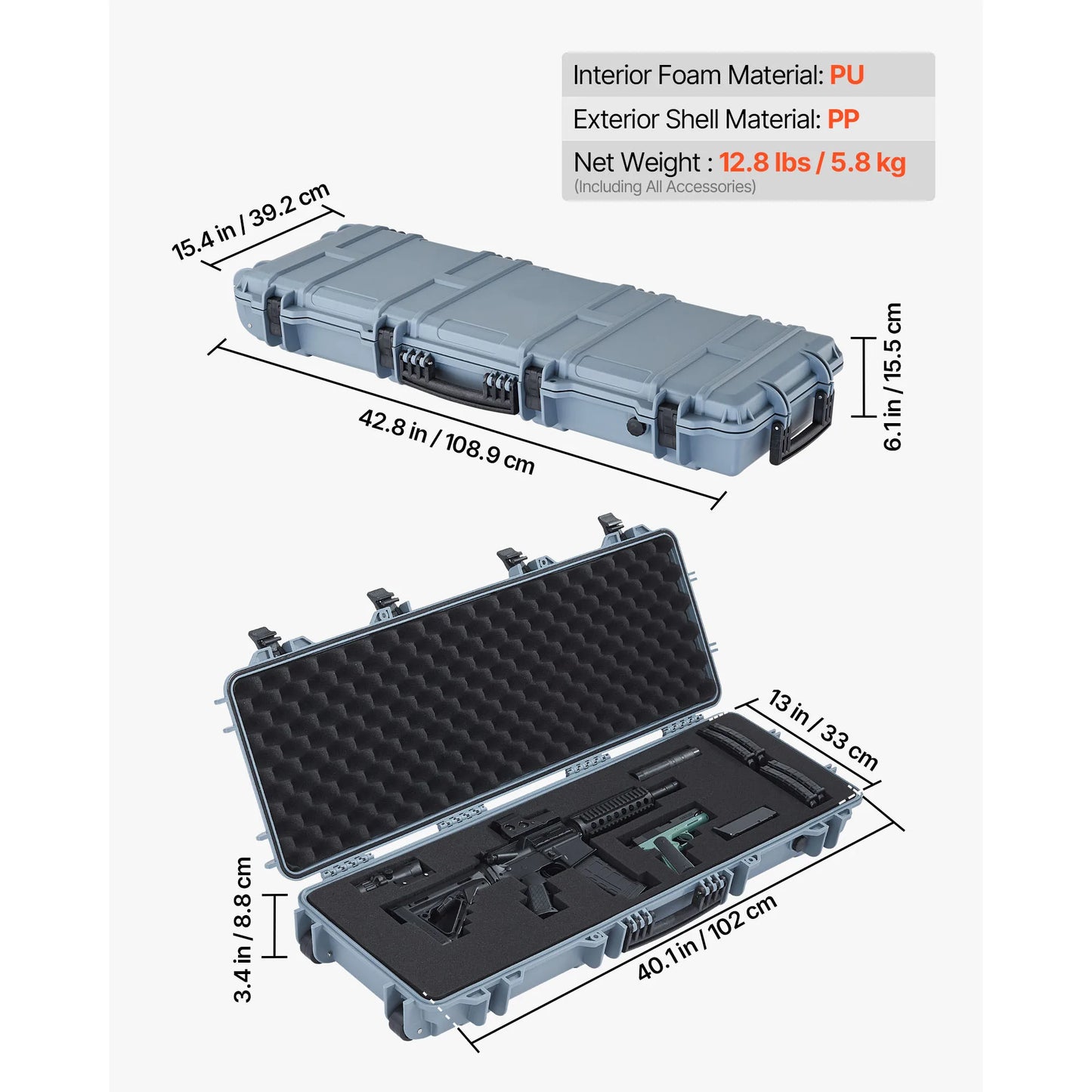 Hard Rifle Case Lockable Rifle Case with Pre-cut Foams Wheels IP67 Waterproof Pistol Storage Cases for Rifles Shotguns