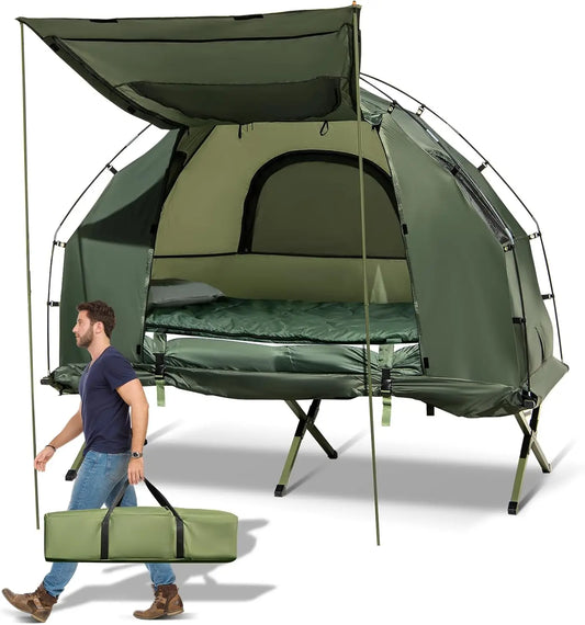 Tent Cot, 5-in-1 Folding Camping Cot with Mattress & Pillows, Sleeping Bags, Sunshade, Camping Tent Elevated with Carrying Bag f