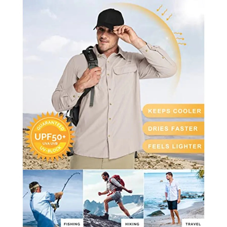 33000Feet Men's Long Sleeve Sun Protection Shirt UPF 50+ UV Quick Dry Cooling Fishing Shirts for Travel Safari Camping Hiking