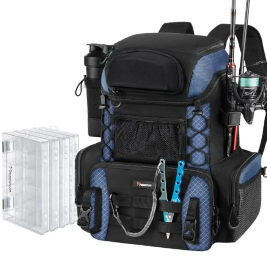 Fishing Tackle Backpack with Rod Holders and 4 Tackle Boxes, 42L Outdoor Fishing Bag with Waterproof Rain Cover