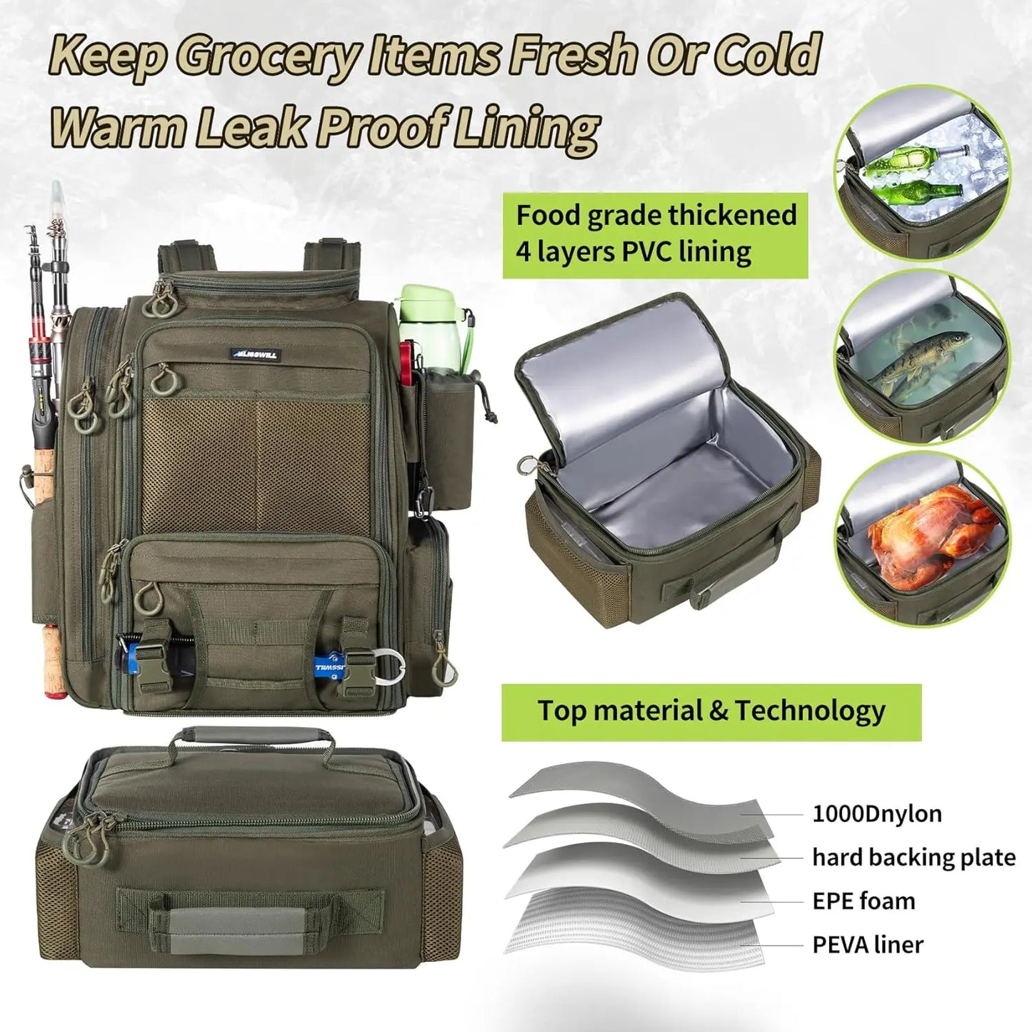 Large Fishing Backpack with Cooler, Rod Holders for 3 Tackle Boxes - Waterproof Outdoor Bag for Camping Hiking