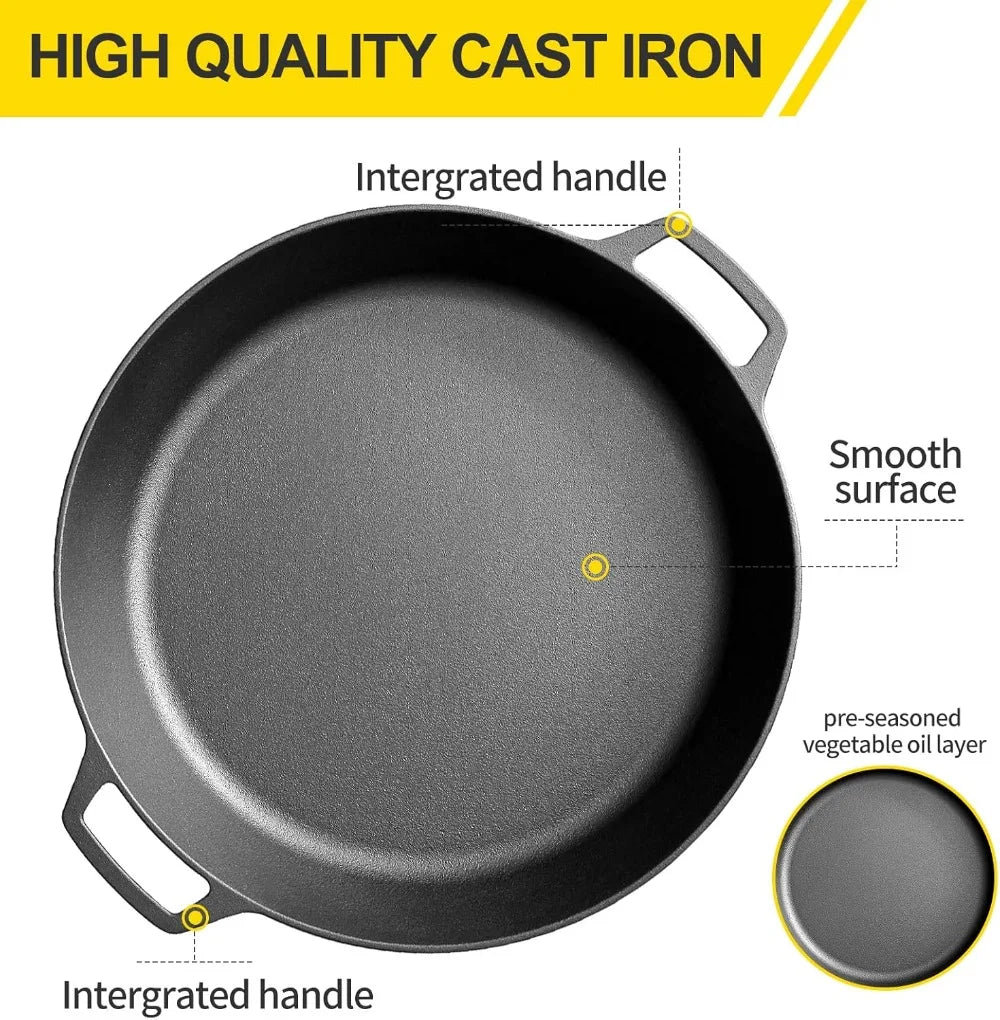 Pre-Seasoned 17 Inch Cast Iron Skillet, Dual Handle Camping Frying Pan, Pizza Pan, Oven Safe Cookware