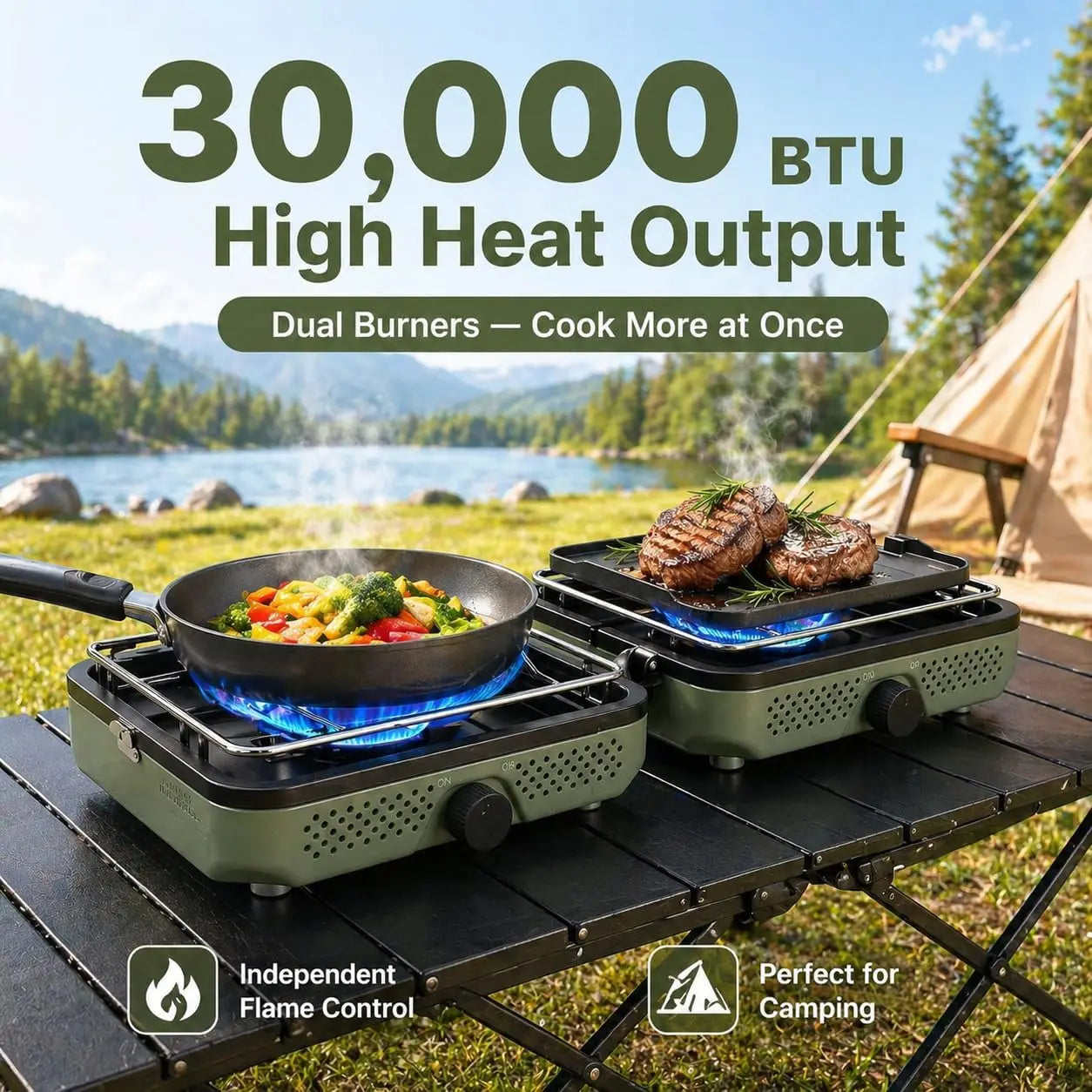 2 Burner Propane Camping Stove, 30000 BTU Portable Dual Griddles with Carry Bag, Outdoor Cooking Set for Camping Gear, RV, Tailgating, Green