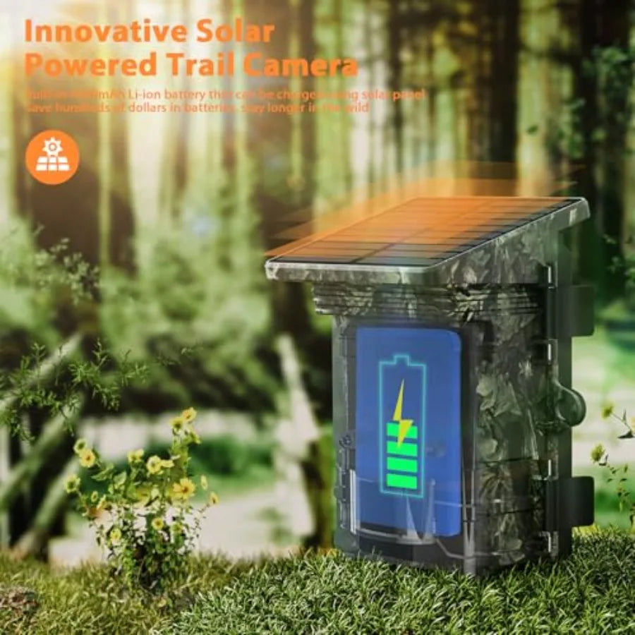 Outdoor wildlife trail camera with 4K/85MP resolution, solar-powered WiFi/Bluetooth connectivity, black IP66-rated housing, bui