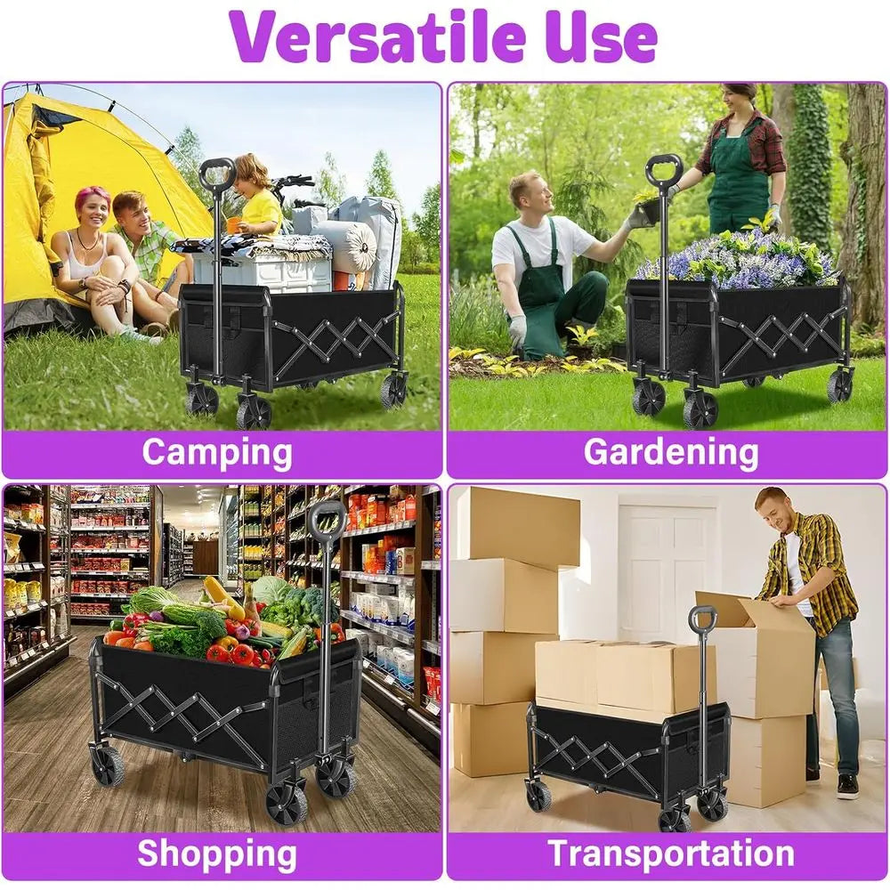 Collapsible Wagon Cart with Wheels & Drink Holders, Utility Folding Cart for Camping, Garden, Beach, Picnic, Grocery, Outdoor Sh