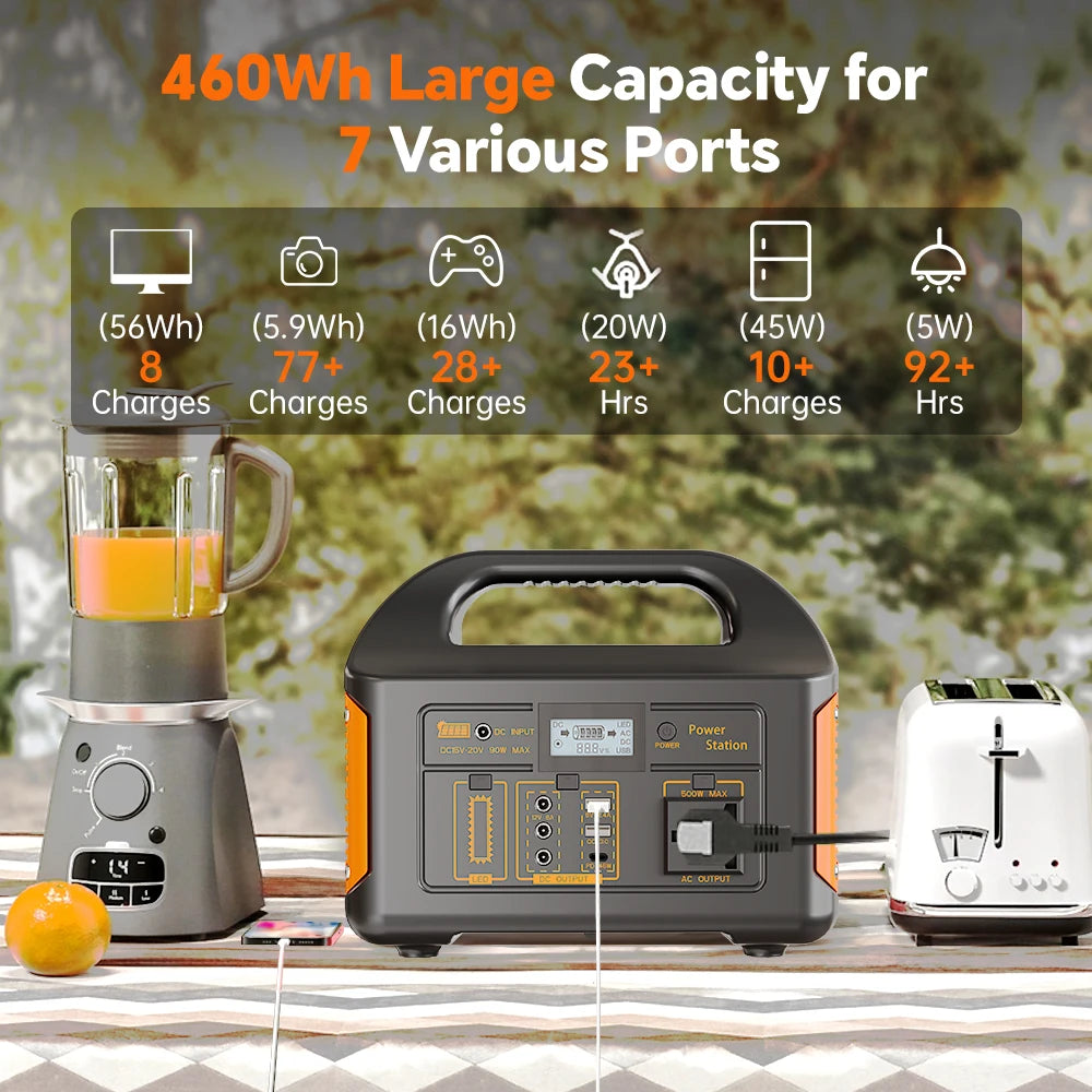 500W 460Wh Portable Solar Power Station Emergency Power LED Display Outdoor Power Supply LifePO4 Battery Power Bank for Camping Fishing