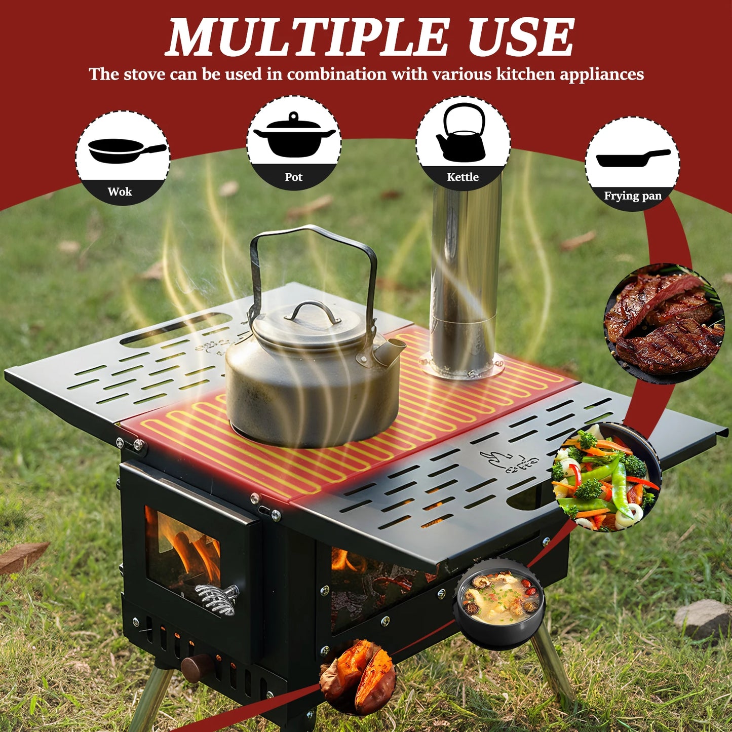 Burning Tent Stove Hot Tent Stove with Stainless Steel Construction Burner Chimney Pipes Included for Outdoor Cooking & Heating