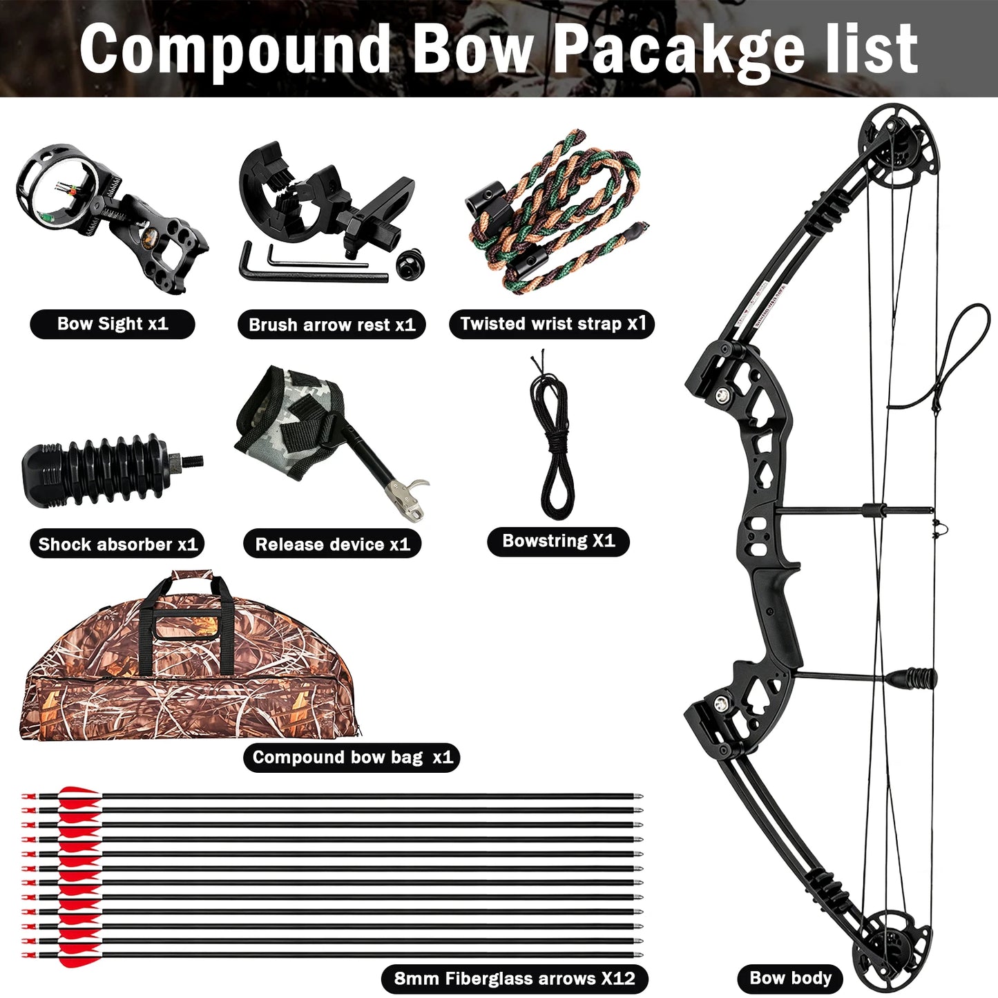 Right Hand Compound Bow Shooting Archery Set for Adults 19-30" Draw 30-60lbs w/ 3-Pin Lighted Sight, Quiver, Stabilizer & 12 Arrows, Fully Complete Accessories Archery Set Adjustable for Beginners & Intermediate Archers