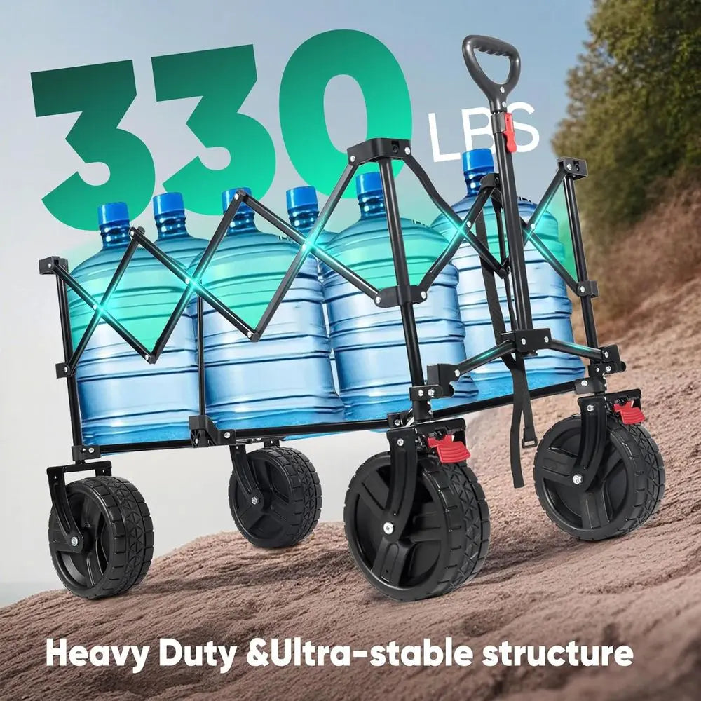 Folding Heavy-Duty 220L Utility Wagon with All-Terrain Wheels, Cup Holders for Beach, Camping, and Outdoor Activities - Black