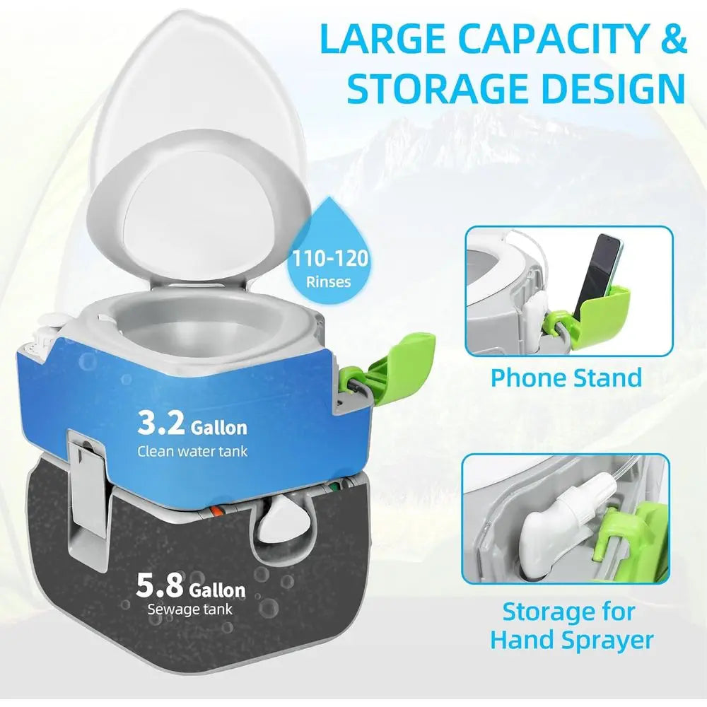Portable Toilet Camping Porta Potty 5.8 Gallon with Diagonal Deepened and Enlargerd Bowl, Hand Sprayer, Level Indicator, Carry B