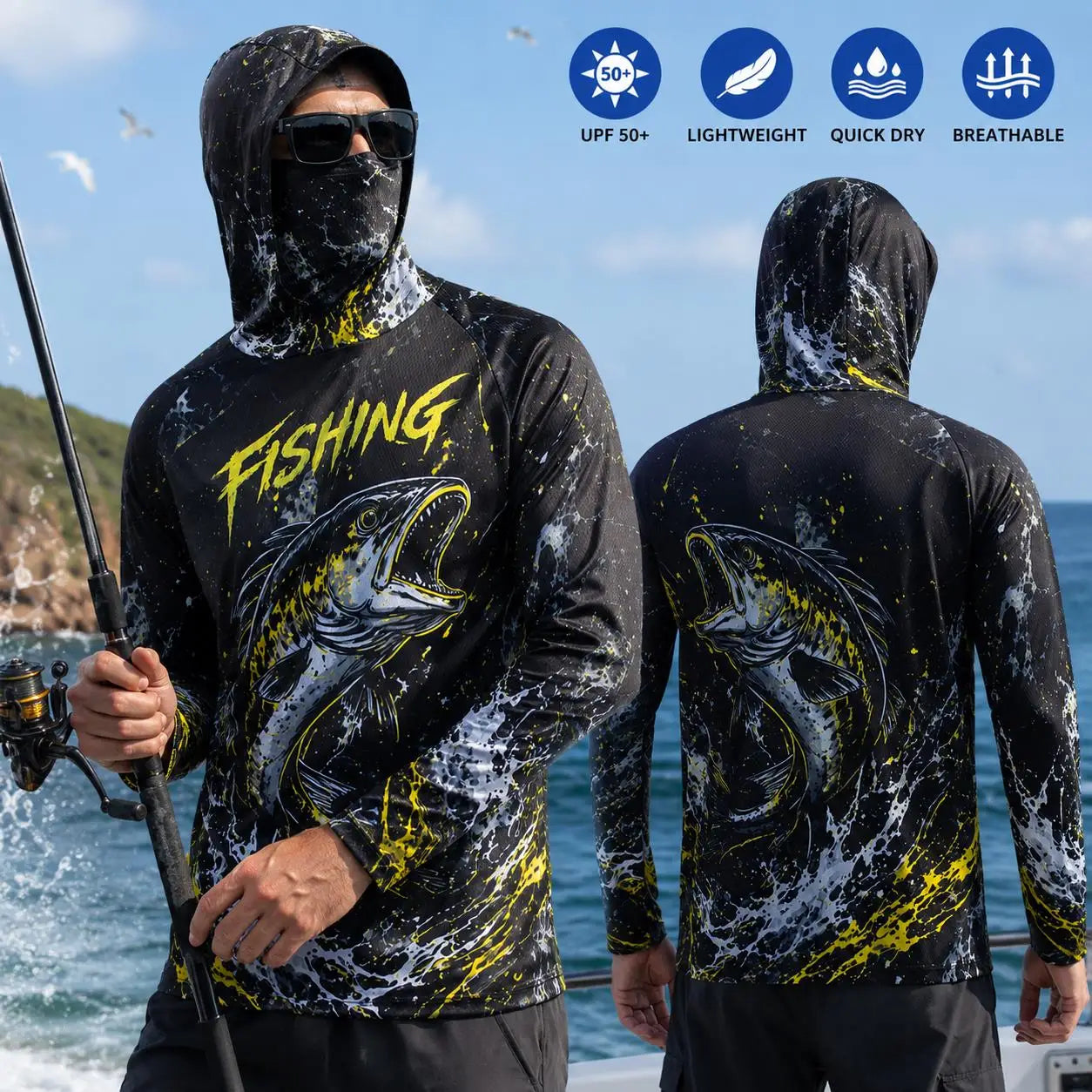 Men's Purple Camo Fishing Hoodie UPF 50 Sun Shirt Quick Dry Breathable Long Sleeve Outdoor Angling Jersey With Neck Gaiter
