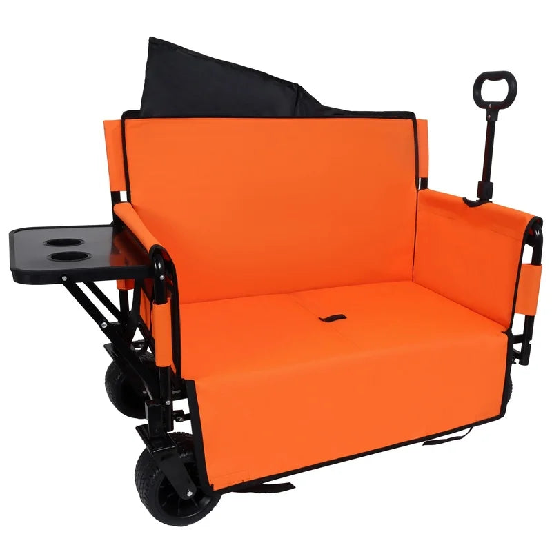 3-in-1 Heavy-Duty Folding Wagon with Bench Seat and Foldable Tabletop, 500lbs Capacity, All-Terrain Wheels for Camping, Beach, Garden, Orange