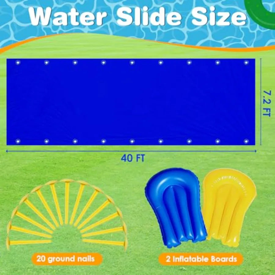 40 Ft Water Slide with 2 Inflatable Boards Stakes Heavy Duty Extra Long Lawn Water Slides for Adults Backyard Slip Water Slide