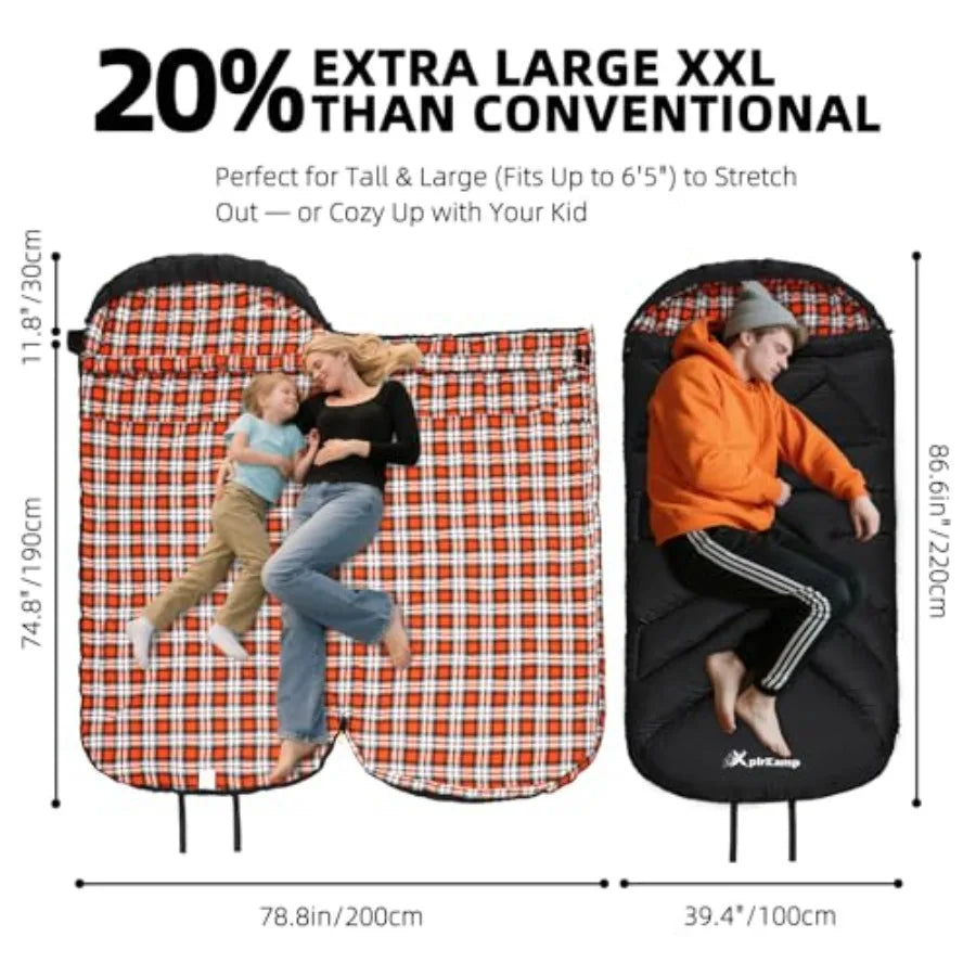 Cotton Flannel Sleeping Bag for Adults, 4 Season Extra Wide BigandTall XXL Portable Sleeping Bags for Warm Cold Weather Winter,