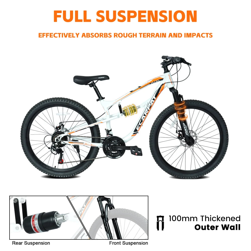 26 Inch Mountain Bike with 21-Speeds & Full Suspension Steel Frame, Alloy Rims, Disc Brakes For All Terrains, Men & Women, Multiple Colors
