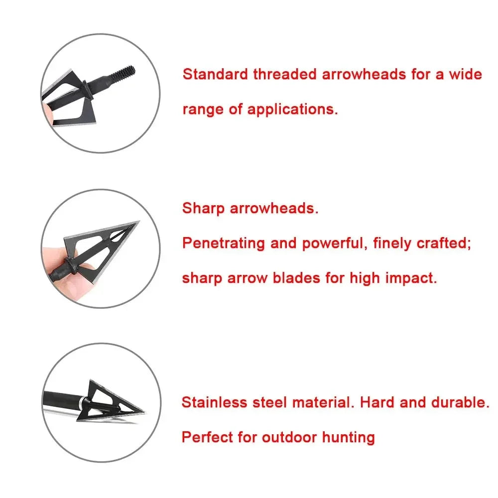 Hunting Broadhead Tips 12pcs 100Grain 3 Fixed Blades Stainless Steel Anti-Rust Screw-in Arrowheads for Compound Recurve Bow Shooting Target Practice DIY Arrow Shaft Outdoor Archery Accessories