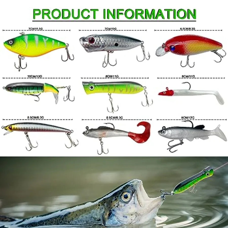 Fishing Lures Kit with Tackle Box Included Crankbait, Minnow, Spinnerbaits, Spoons, Soft Lures, Jigs, Hooks, Bait Rigs, Weights