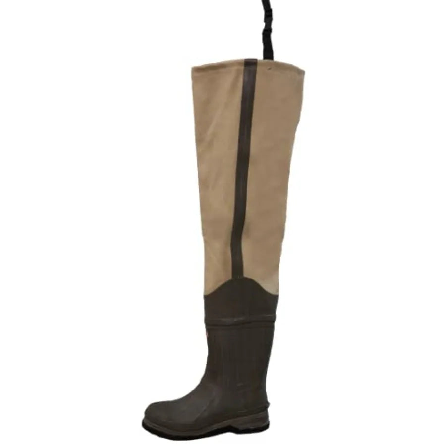 Fishing bootfoot hip wader for outdoor use, waterproof PVC canvas material, black color, 3-ply durable construction with felt s