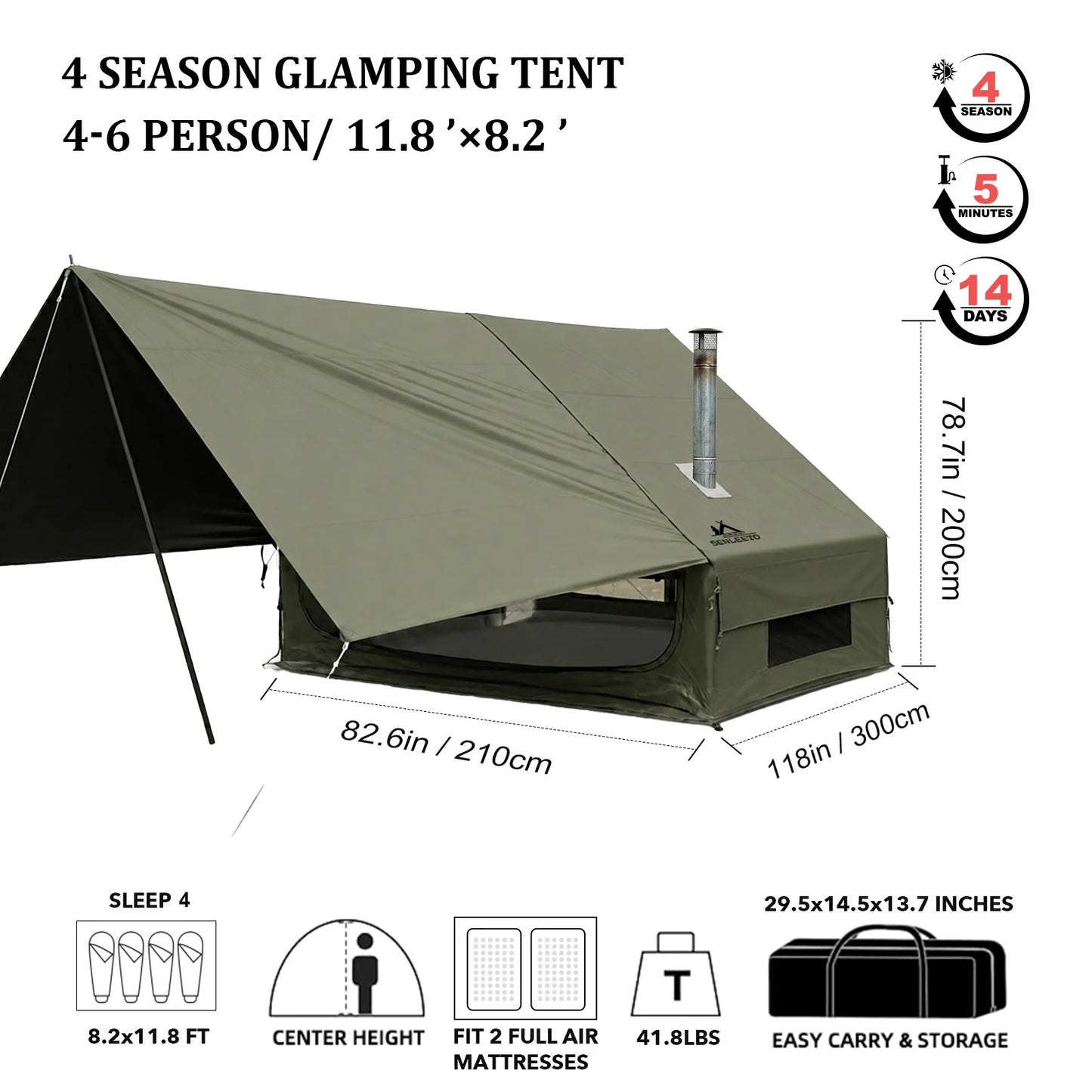 Portable Inflatable Camping Tent 2/4/6/8 Person for Family 420D Oxford Inflatable Tent House with Skylight 4 Seson Blow up Tent with Stove Jack AC Vent Mesh Window