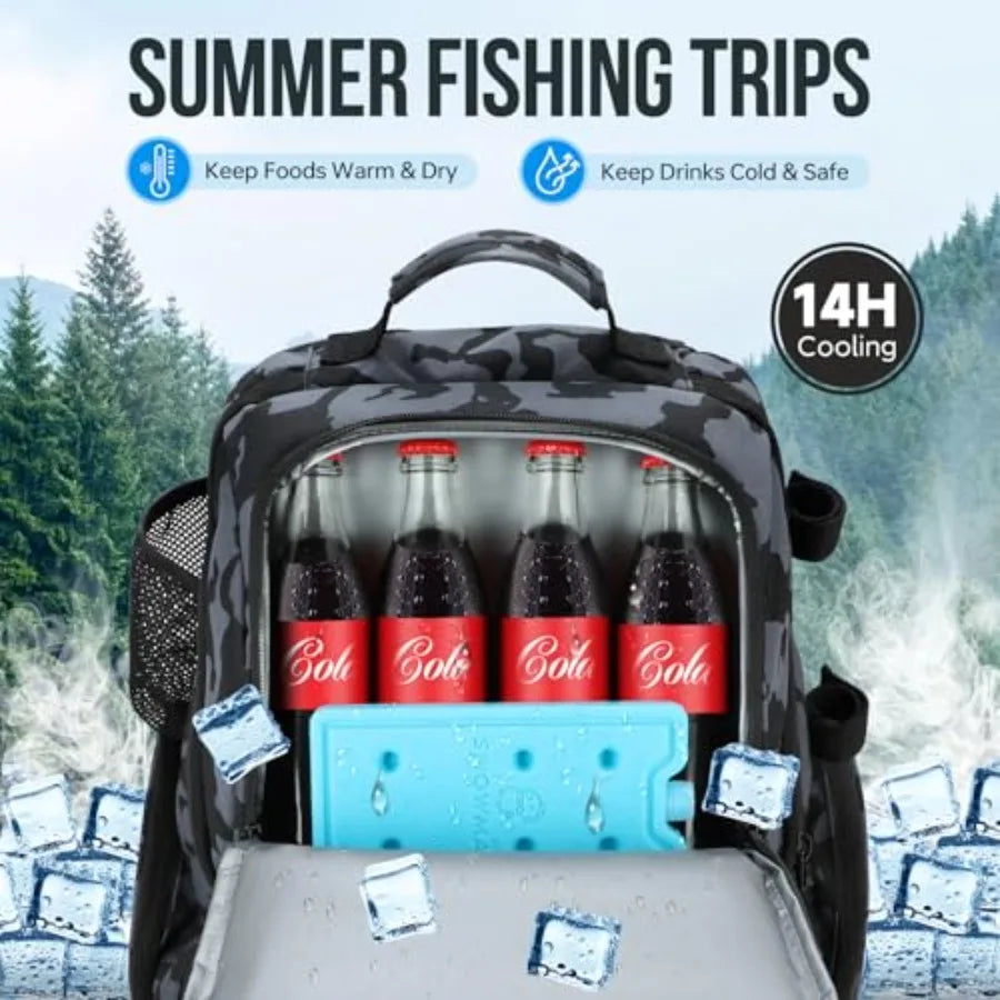 Cooler Fishing Backpack with Rod Holders 45L Large Water-resistant Fishing Tackle bag Store Fishing Gear Fishing Gifts for Men