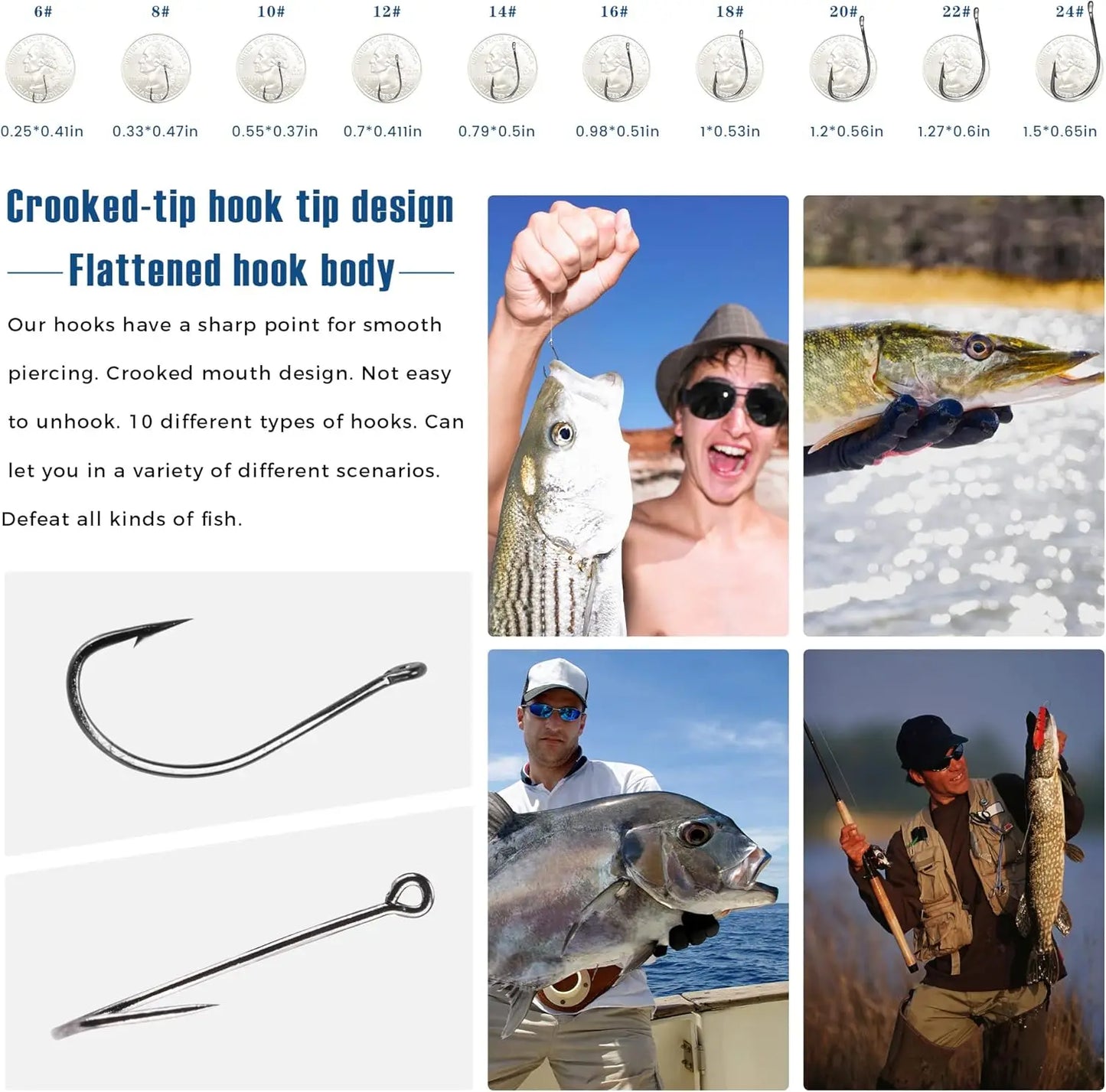 500Pcs Fishing Hooks Set, Carbon Steel Circle Hooks Assortment for Saltwater Freshwater Ice Fishing, Multi Size 6-24 for Catfish Trout Bass