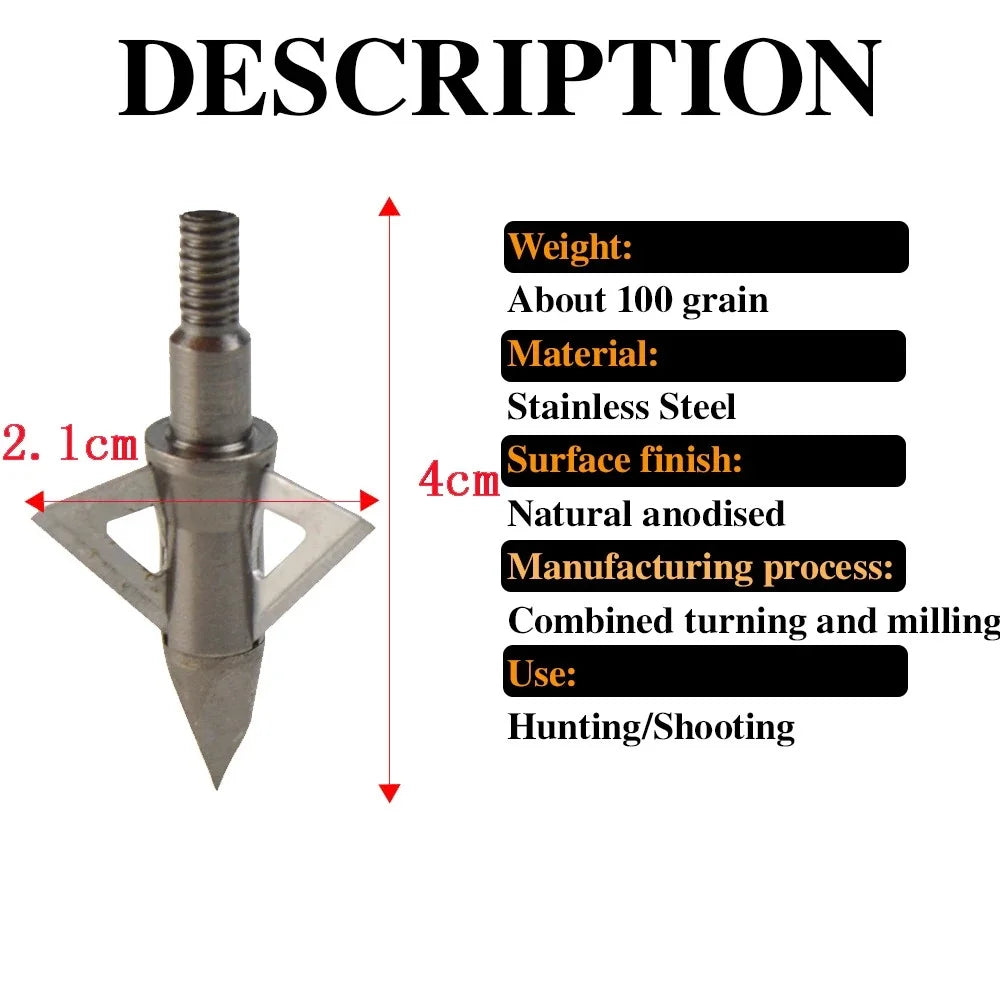 Archery Arrowhead12Pcs 100Grain 3 Blades Stainless Steel Broadheads Screw-in Tips for Compound Recurve Crossbow Hunting Shooting Target Practice Sports Accessories