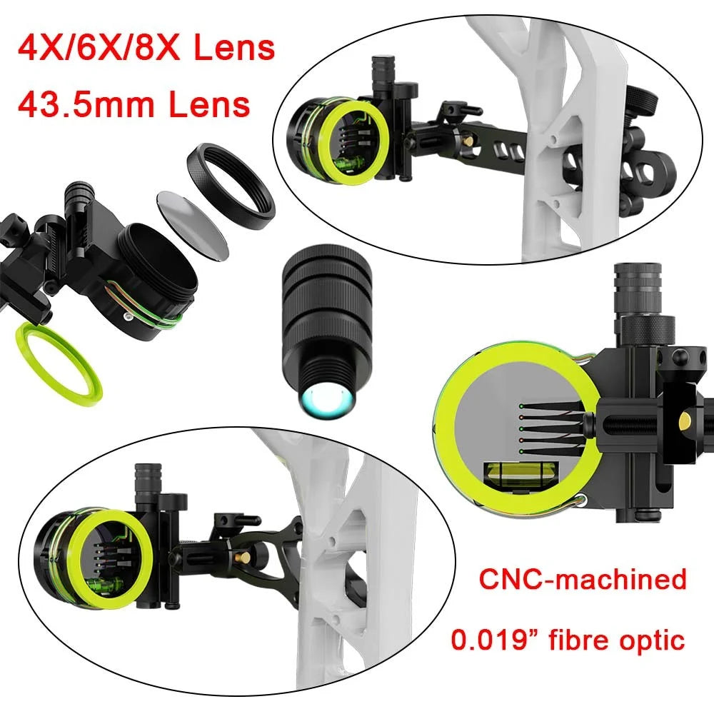 Compound Bow Sight CNC Machined Alloy 5 Pin 0.019 Inch Fiber Optic with Optional 4X 6X 8X Lens for Left Right Hand Archery Hunting Accessory