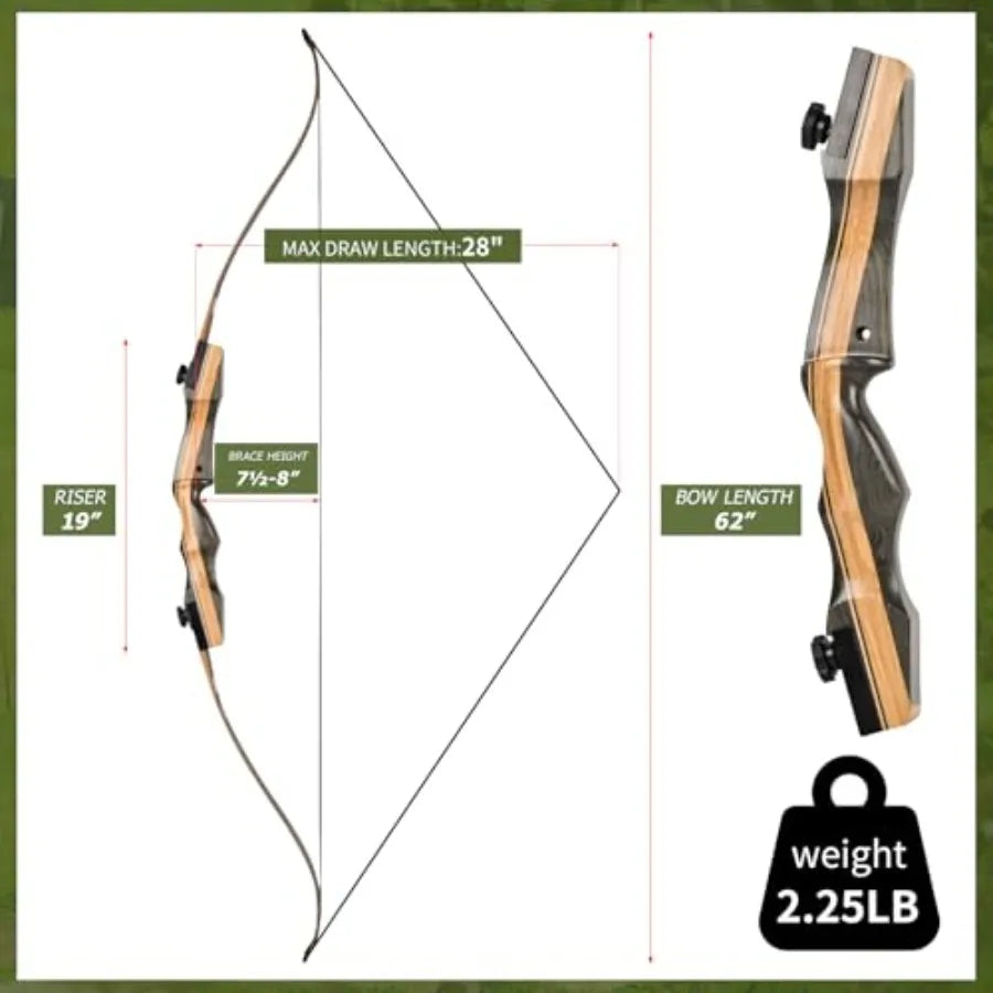 Archery Wooden Bow and Arrow Set for Adults 62'' Hunting Bow 30-50 Lbs Right Handed Takedown Recurve Bow with Fast Installation