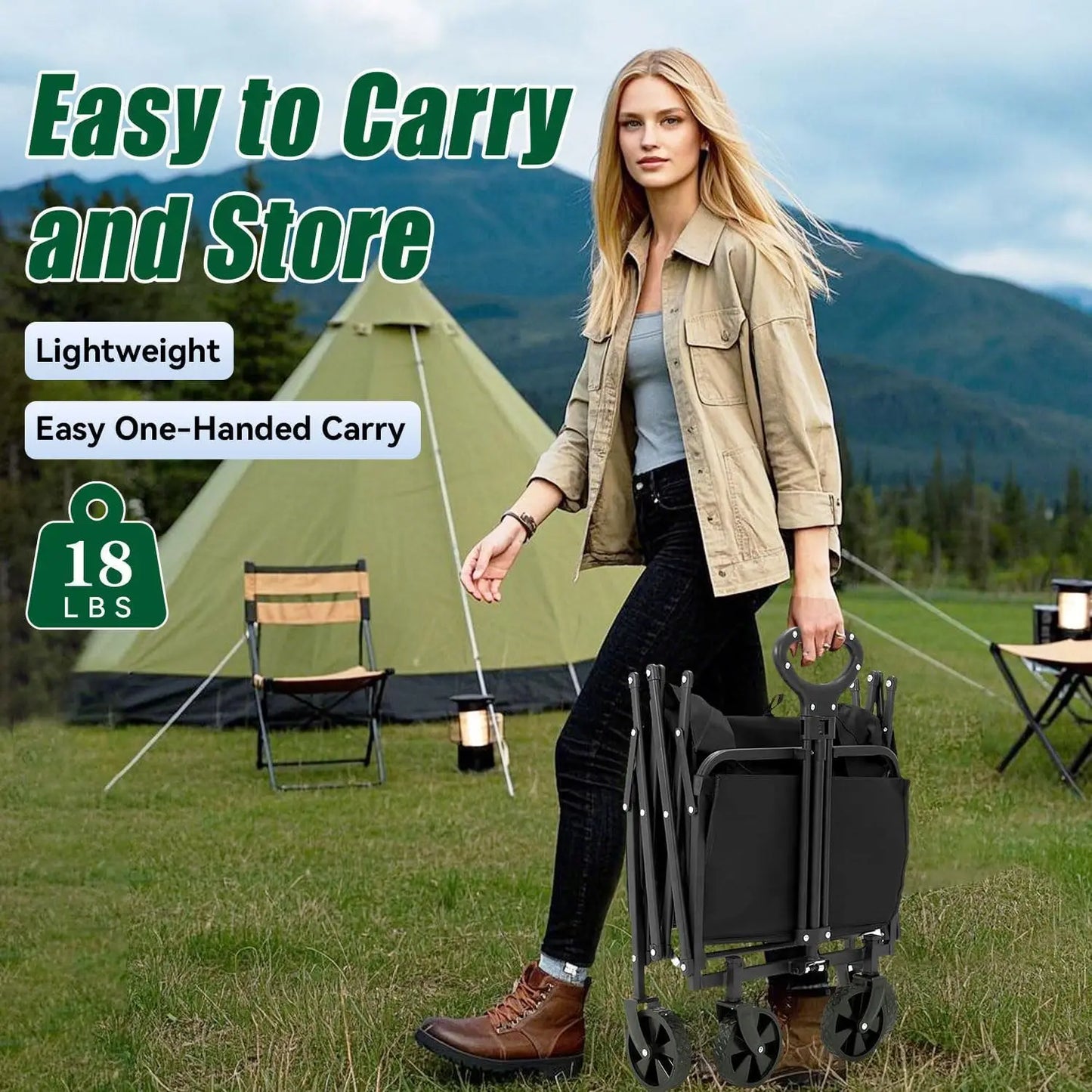Heavy Duty Collapsible Wagon, 240L 480lbs, Foldable Beach Cart with Brake Wheels, Garden & Grocery Utility Cart
