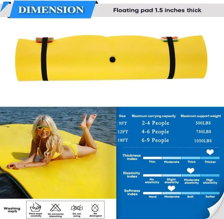 6/9/12/18 Ft Floating Mat for Lake Pool, 3-Layer Tear-Resistant XPE Foam, Supports 1-9 Adults, Easy Roll-Up Storage