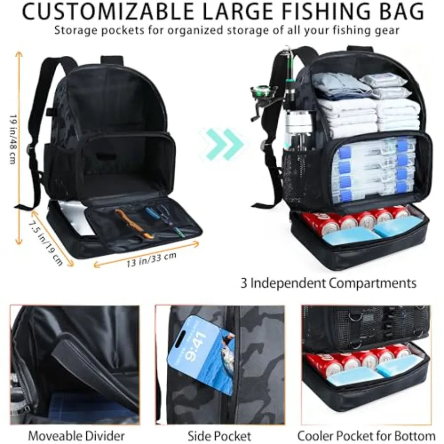 Fishing Backpack with Rod Holder Heavy Duty Fishing Bag with Waterproof Bottom Tackle Backpack Gifts for Man Woman